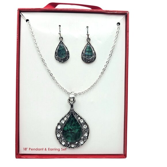 Silver Tone Necklace & Earring Set Faux Mother Of Pearl Enamel - Picture 13 of 13